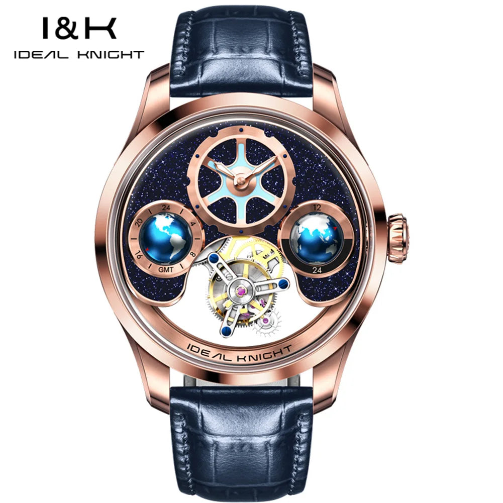 IDEAL KNIGHT 6808 Hollow Tourbillon Watch Luxury Brand Men Watch Fashion Business Waterproof Luminous Blue Earth Design Watch ﻿