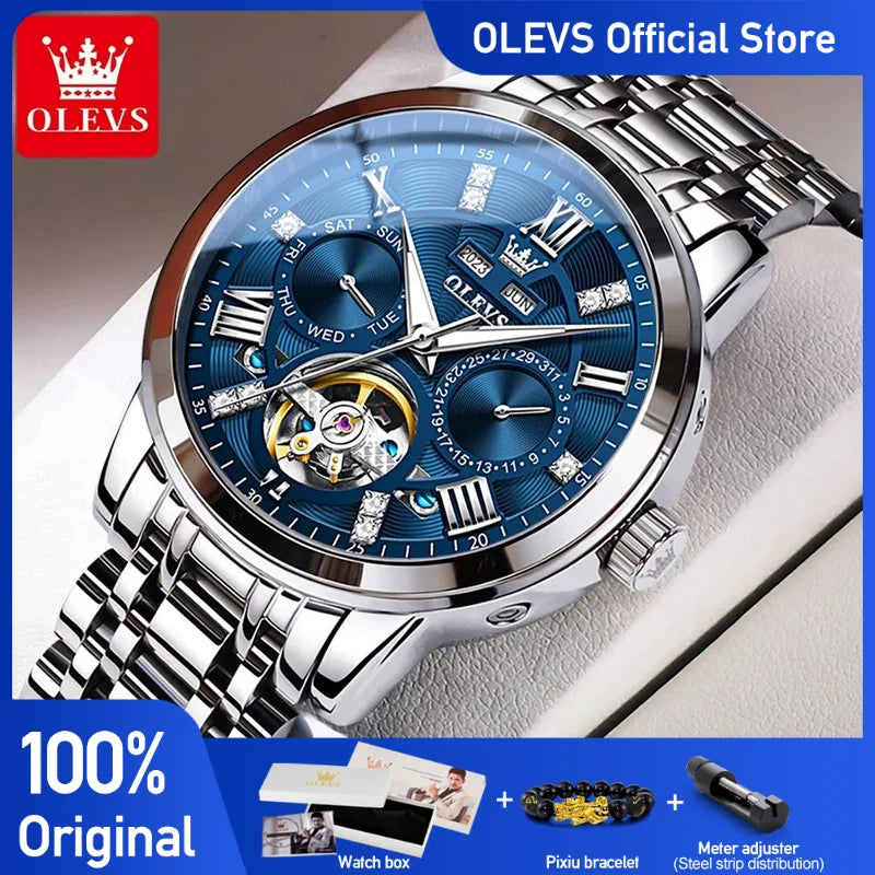 Olevs Herren uhren aushöhlen automatische mechanische Original Armbanduhr für Mann wasserdichte leuchtende ewige Kalender mode