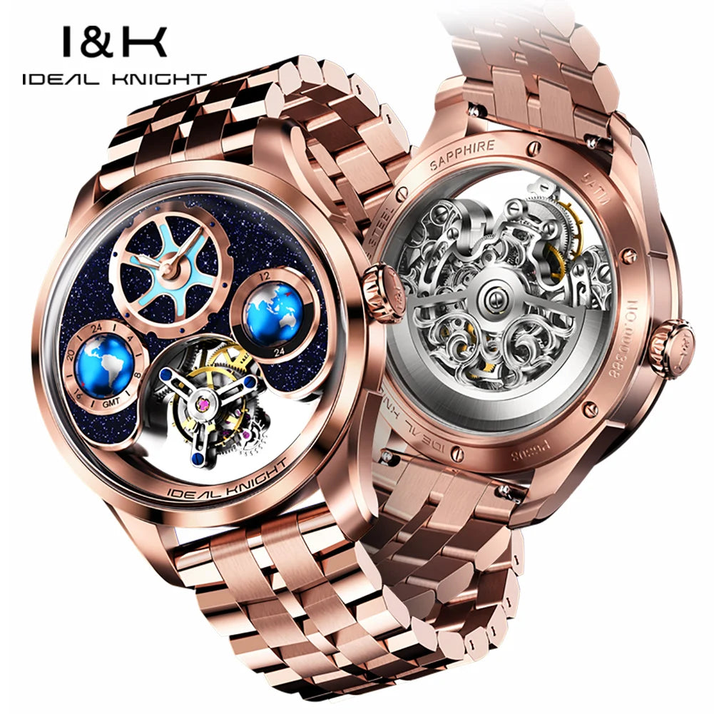 Ideale Ritter 6805 Tourbillon Uhr für Männer Blue Earth Serie Skelett automatische Herren mechanische Uhr leuchtende wasserdichte Uhr