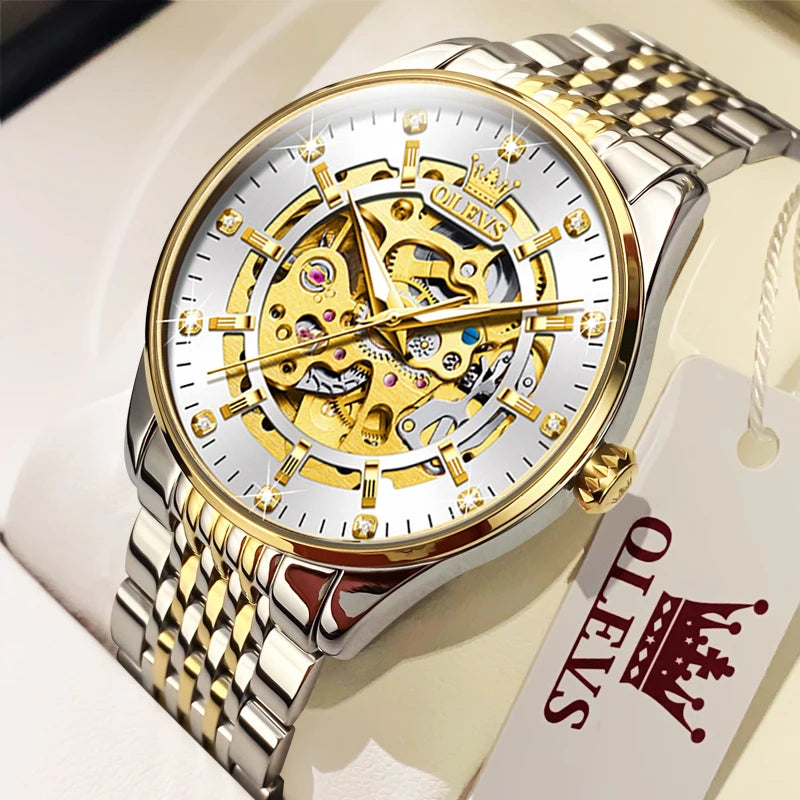 OLEVS herren Uhren Luxus Gold Skeleton Automatische Mechanische Armbanduhr für Mann Wasserdichte Edelstahl Luminous Business