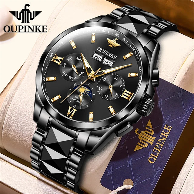 Oupinke Mondphase mechanische Uhr für Männer Luxus Top Marke Saphir Spiegel wasserdichte elegante Herren automatische Armbanduhr