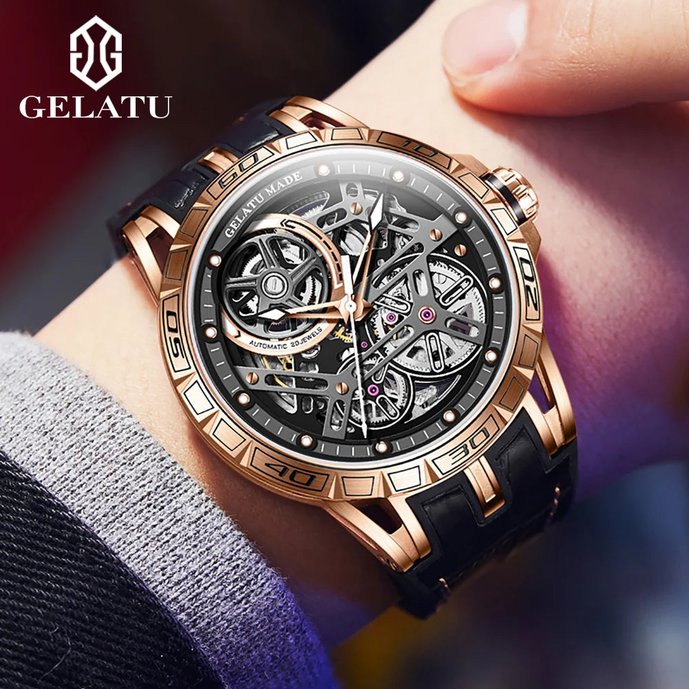 Gelatu 6015 Herren automatische mechanische Uhr wasserdichtes Leder Silikon armband Luxusmarke Skelett Sport mode Herren uhr