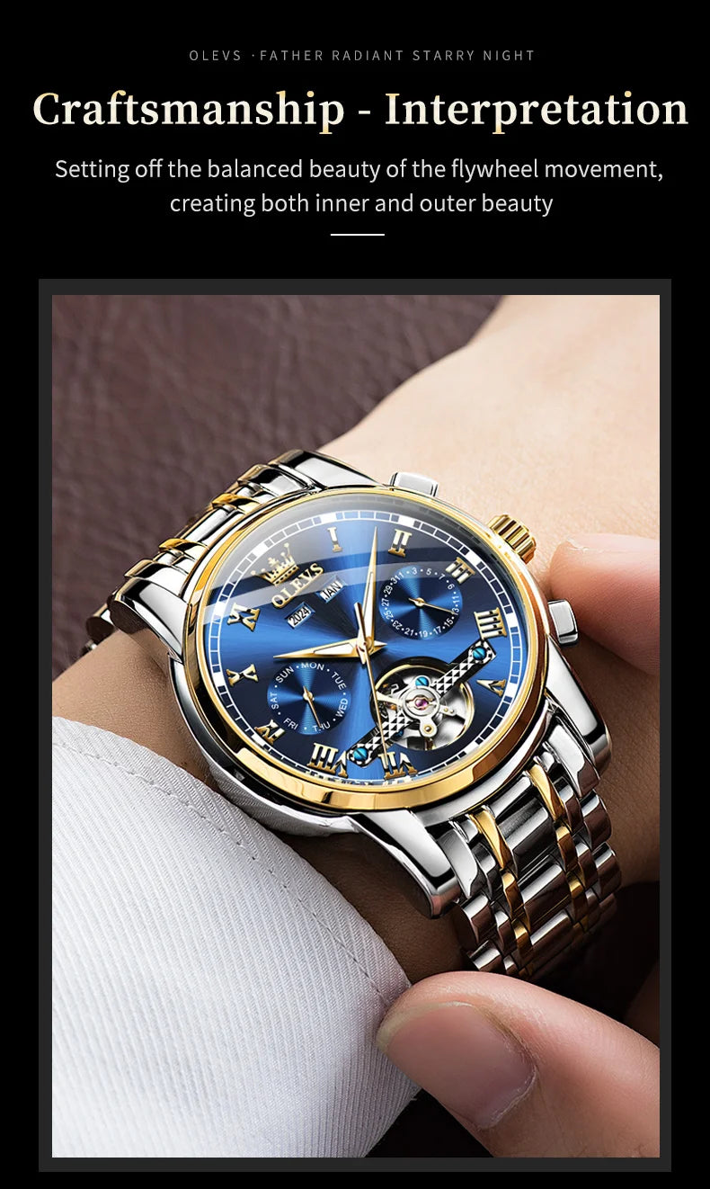 OLEVS herren Uhren Automatische Mechanische Business Armbanduhr Wasserdichte Edelstahl Armband Uhr für Mann Skeleton Kalender