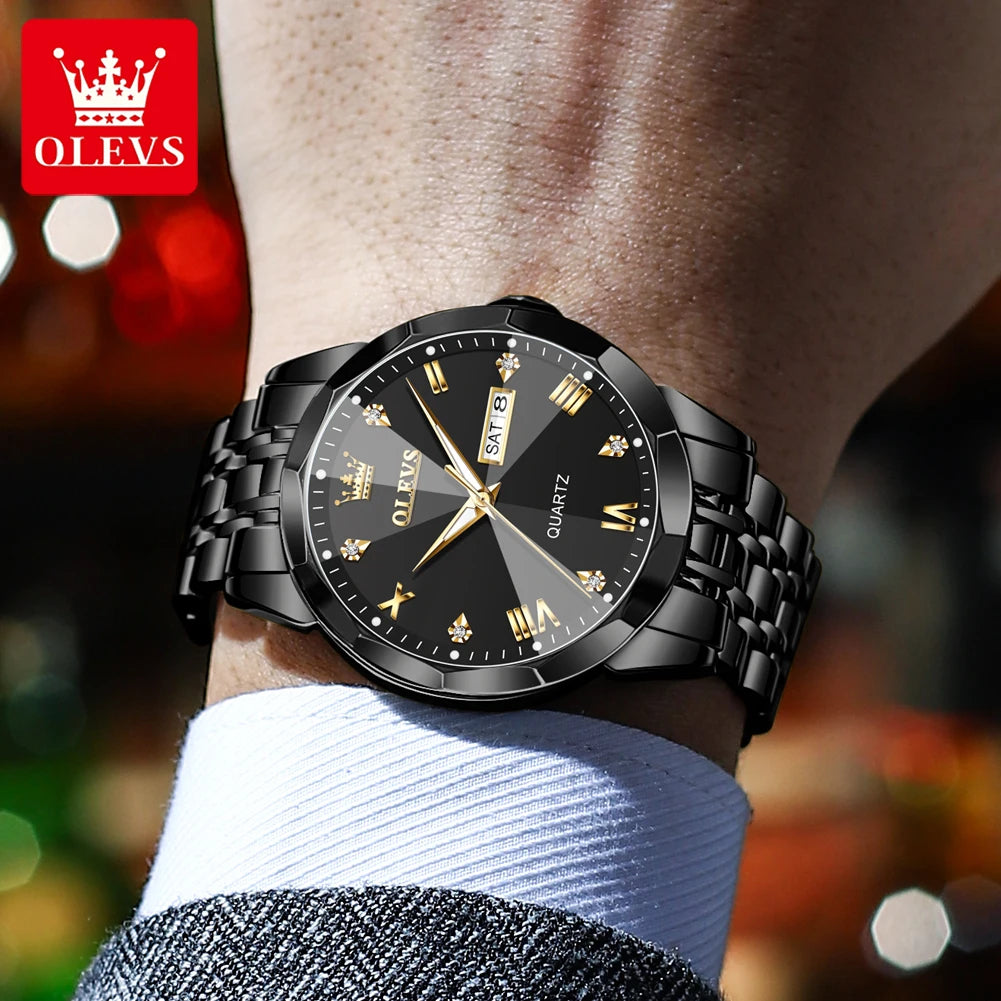 Olevs 9931 Quarzuhr für Männer Raute Spiegel Edelstahl wasserdicht Auto Datum Woche Uhr Einfachheit Luxus Herren Armbanduhr