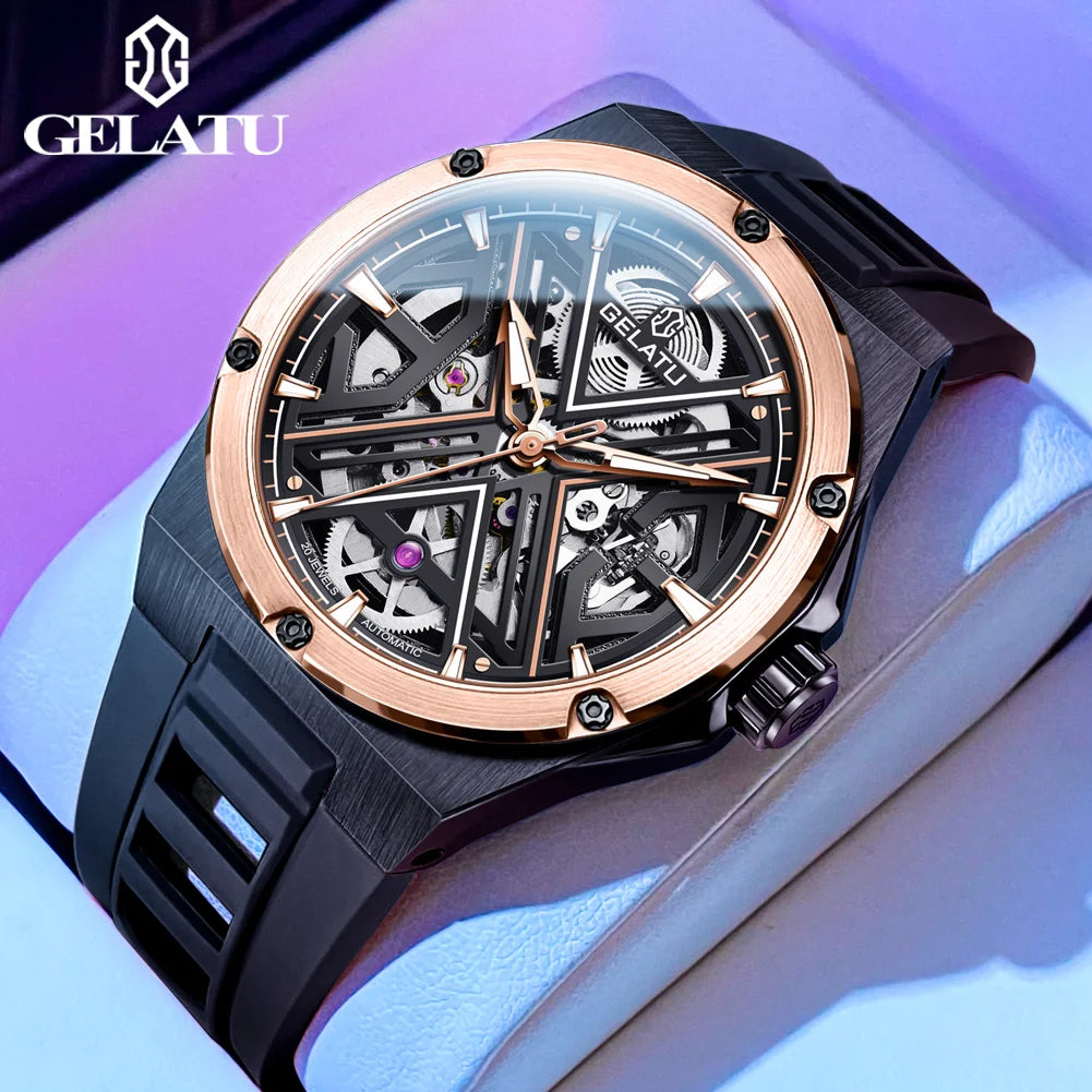 Gelatu aushöhlen automatische mechanische Uhr Luxusmarke Saphir Spiegel wasserdichtes Silikon armband Herren uhr reloj hombre