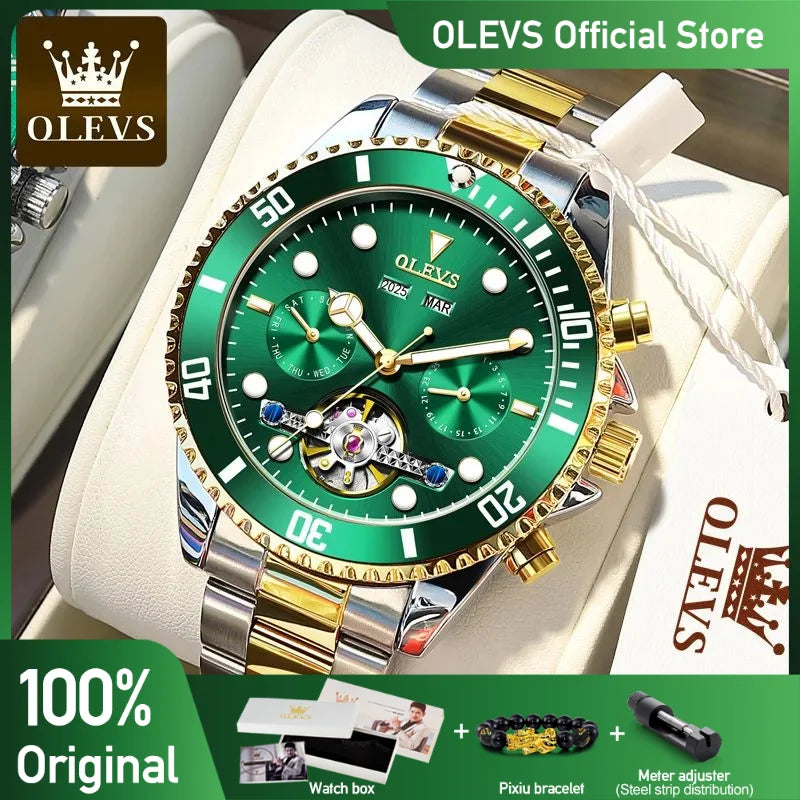 Olevs Herren mechanische Uhren wasserdichte Business Edelstahl Armband Armbanduhr Skelett automatische Uhr für Mann Kalender