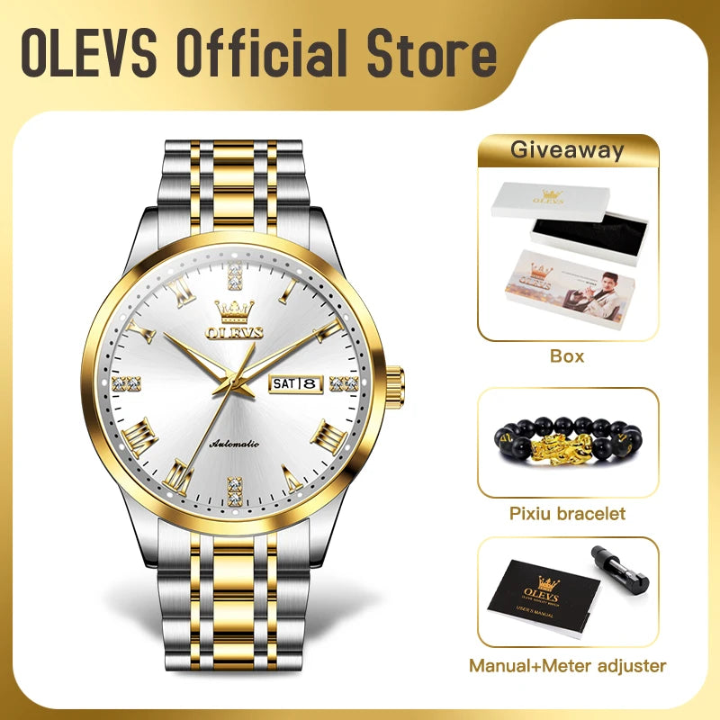 OLEVS 7062 Mens Watch Original Business Brand Mechanical Watch Dual Calendar Display Waterproof Luminous Watch For Men Reloj