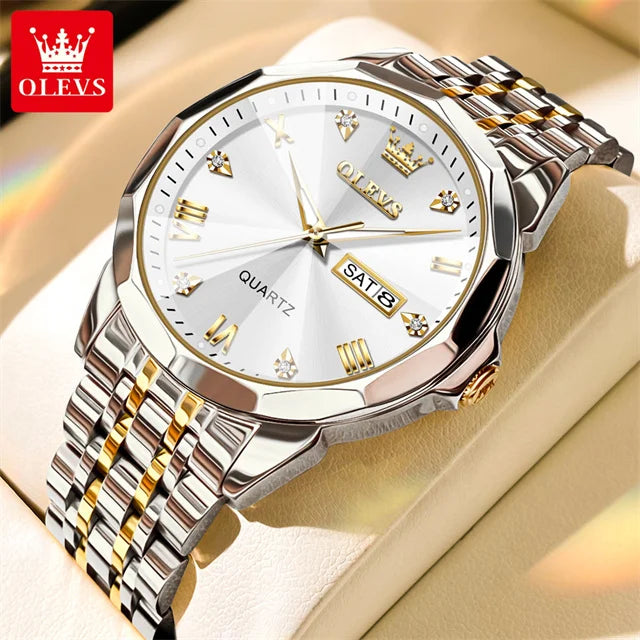 Olevs 9931 Quarzuhr für Männer Raute Spiegel Edelstahl wasserdicht Auto Datum Woche Uhr Einfachheit Luxus Herren Armbanduhr