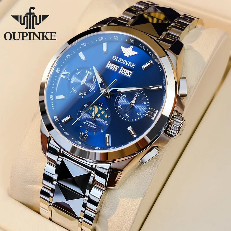 OUPINKE 3201 Men's Watch Top Luxury Brand Tungsten Steel Sapphire Mirror Waterproof Lunar Phase Men's Automatic Mechanical Watch