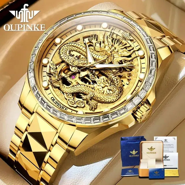 Oupinke 3276 Luxus Männer goldenen Drachen mechanische Uhr importierte Marken werk Diamant uhr Original Saphir Spiegel Herren uhr