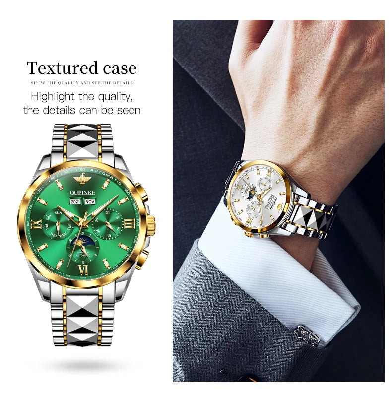 Oupinke Mondphase mechanische Uhr für Männer Luxus Top Marke Saphir Spiegel wasserdichte elegante Herren automatische Armbanduhr