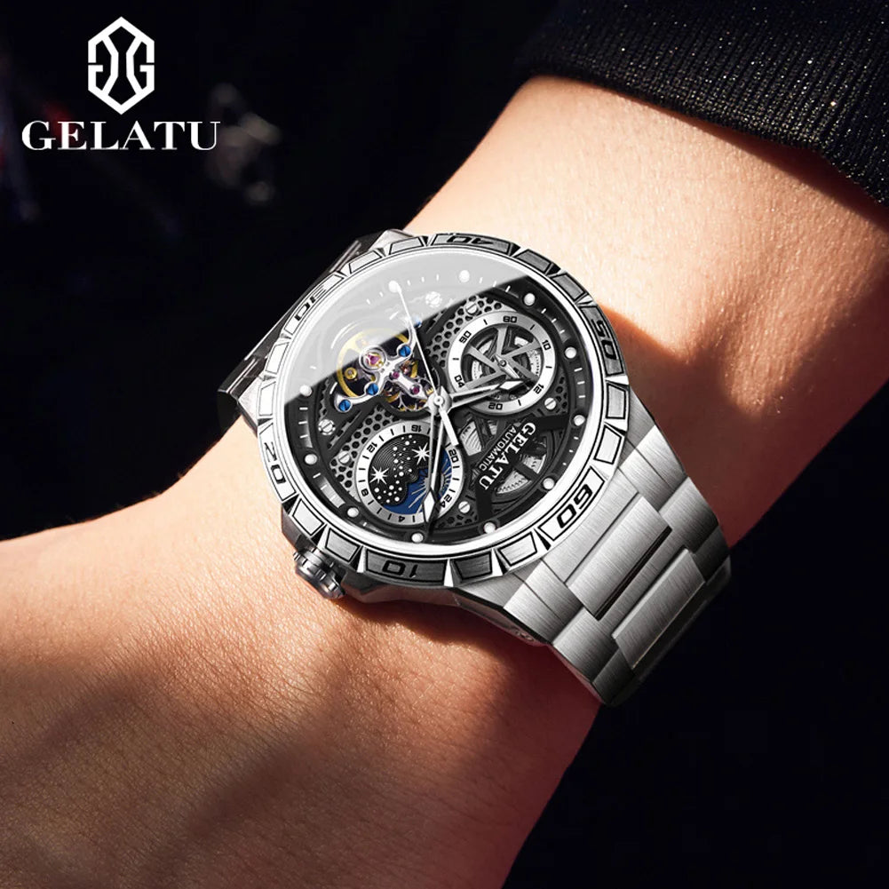 Gelatu 6020 Luxus multifunktion ale trend ige Herren uhr Skelett wasserdicht Sternen himmel Zifferblatt Marke automatische mechanische Herren uhr