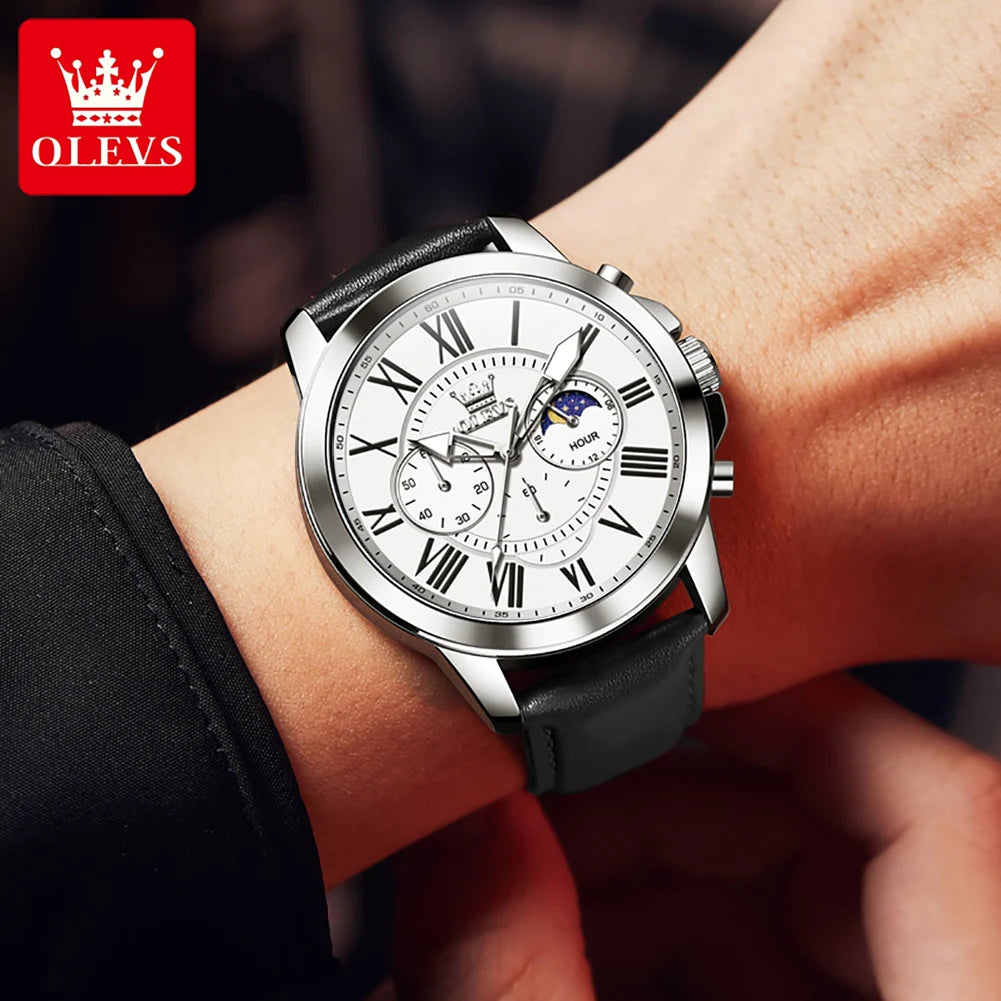 OLEVS 3632 Herrenuhr Marke Original Einfache Quarz Handgelenk Wasserdichte Lederband Tragen Uhr Uhr Für Männer Mondphase Herren Geschenk