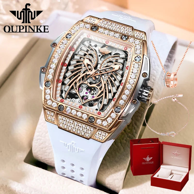 Oupinke 3225 Damen uhr Luxusmarke alle Diamant automatische mechanische Uhr klassische Silikon wasserdichte elegante Damen uhr