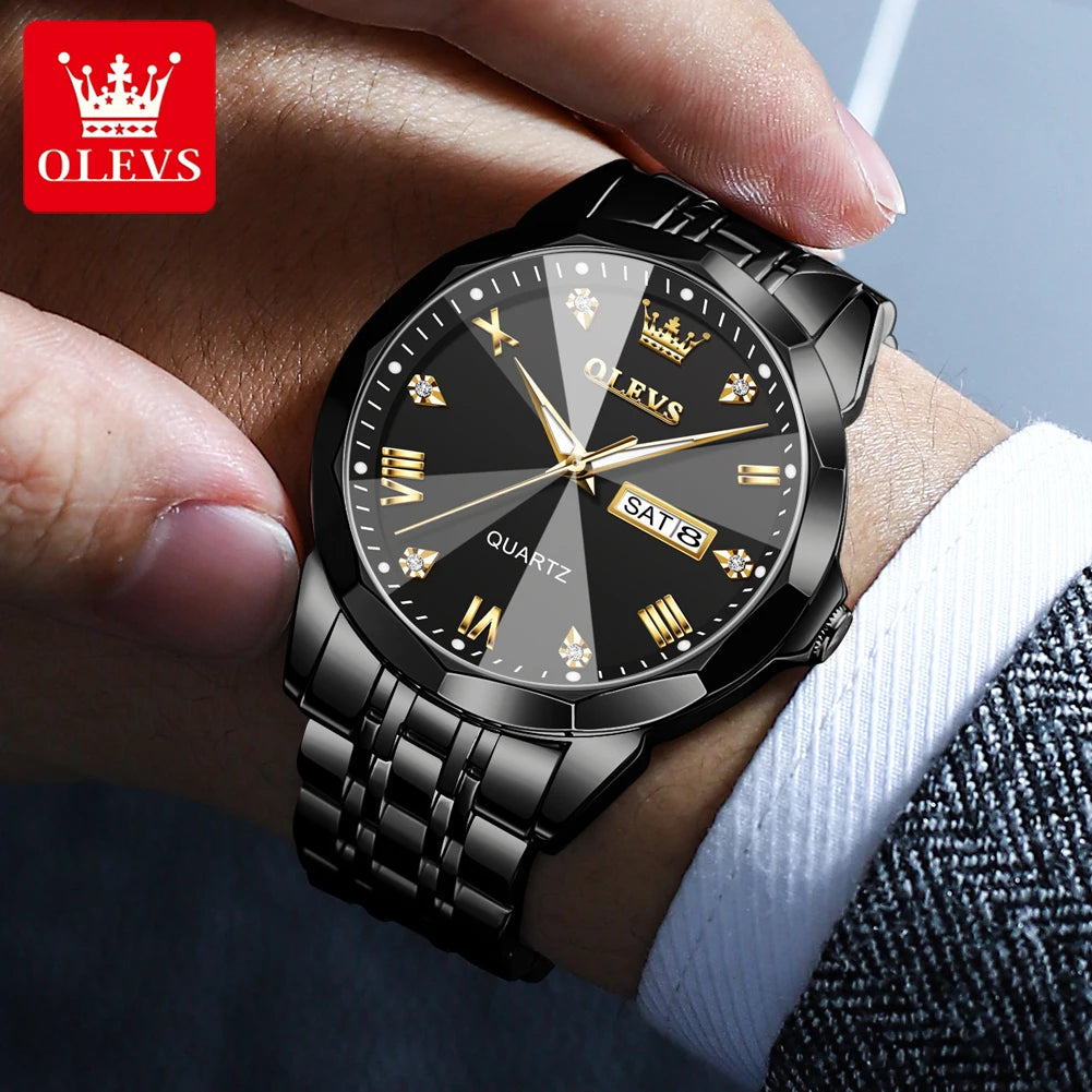 Olevs 9931 Quarzuhr für Männer Raute Spiegel Edelstahl wasserdicht Auto Datum Woche Uhr Einfachheit Luxus Herren Armbanduhr