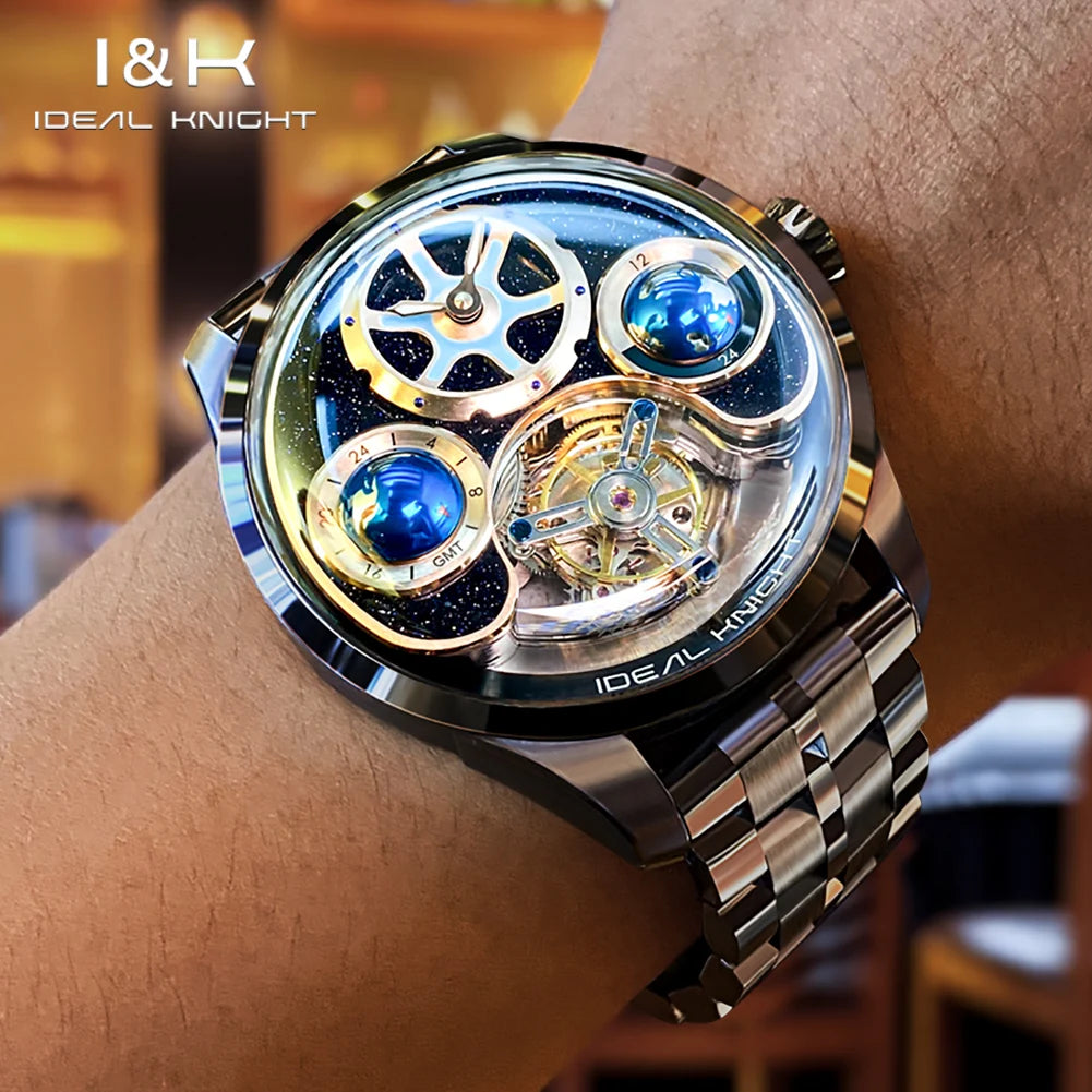 Ideal Knight 6805 Tourbillon Watch for Men 3D Rotating Blue Earth Design 12 Hours Tray Skeleton Waterproof Men's Wristwatches