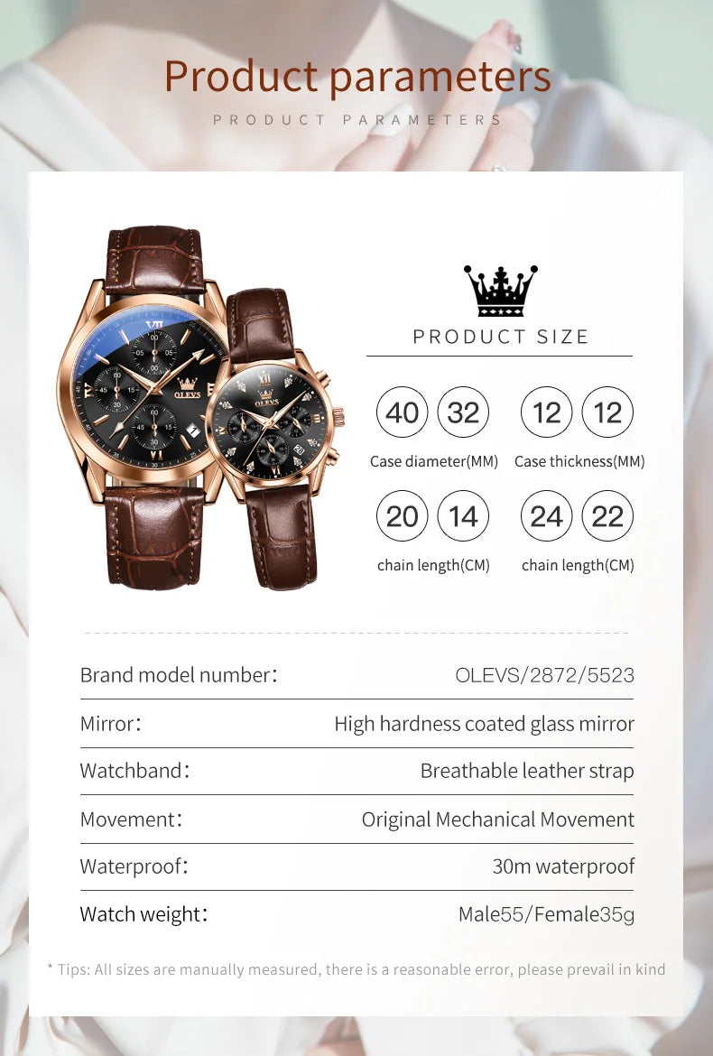 Olevs Paar Uhr für Männer Frauen wasserdichte Quarz Armbanduhr Männer Frauen Leder armband Chronograph Design Liebhaber Uhr Geschenke