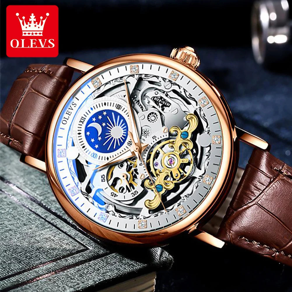 OLEVS Skelett Uhren Mechanische Automatische Uhr Männer Tourbillon Sport Uhr Casual Business Mond Armbanduhr Uhren Hombre