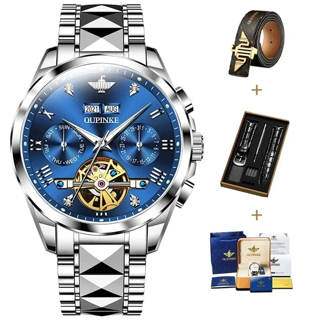 Oupinke hochwertige Luxus Skelett Schwungrad Automatik uhr für Männer 5bar wasserdichte Dual Kalender Marke Herren Armbanduhr