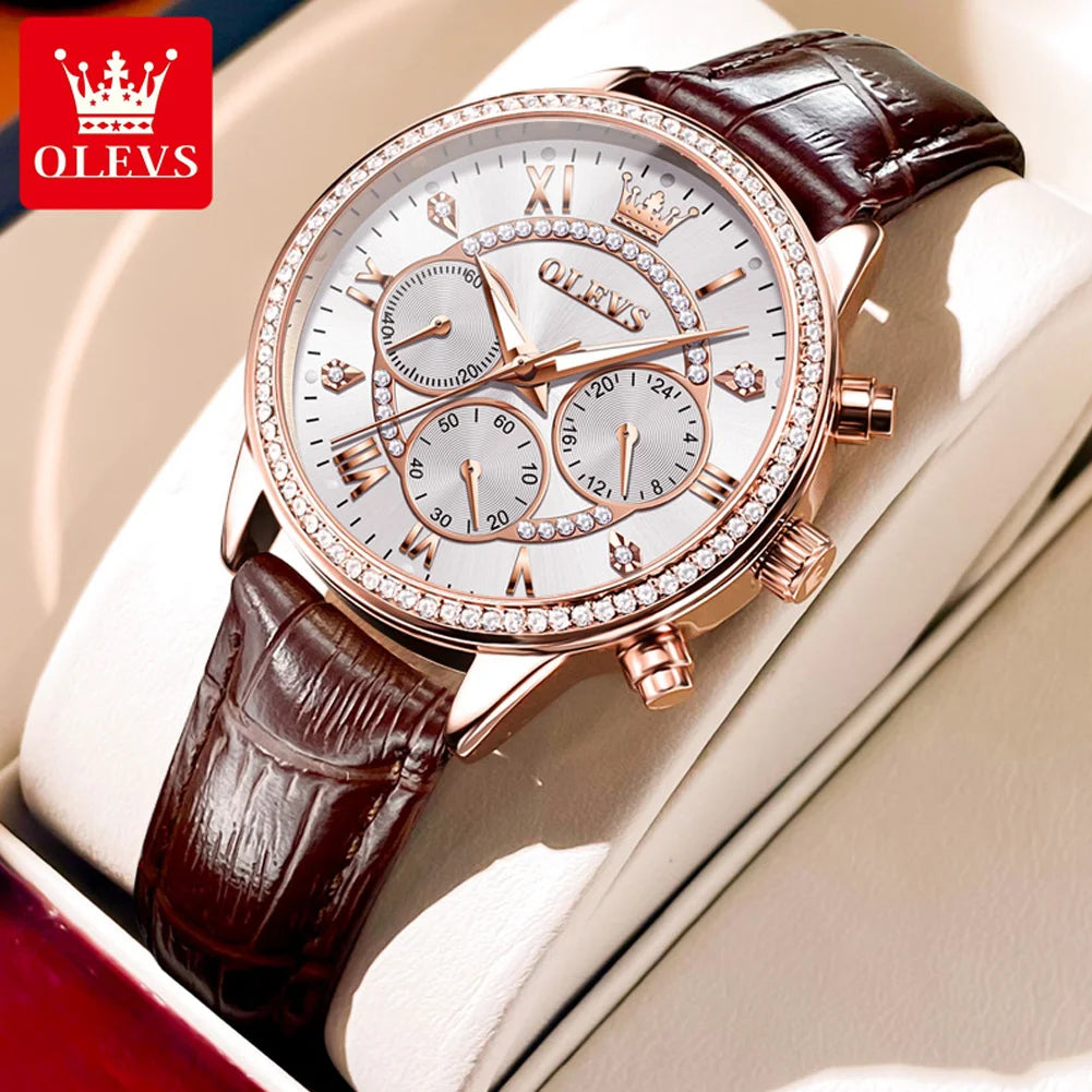 Olevs Damen uhren Mode elegante Diamant Lünette Original uhr für Damen weiches Leder armband wasserdicht leuchtenden Chronograph