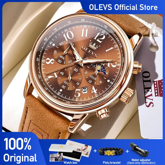 OLEVS Herrenuhren im jungen Sportstil, Original-Quarz-Armbanduhr für Herren, wasserdicht, leuchtend, Chronograph, Datum, Mondphase