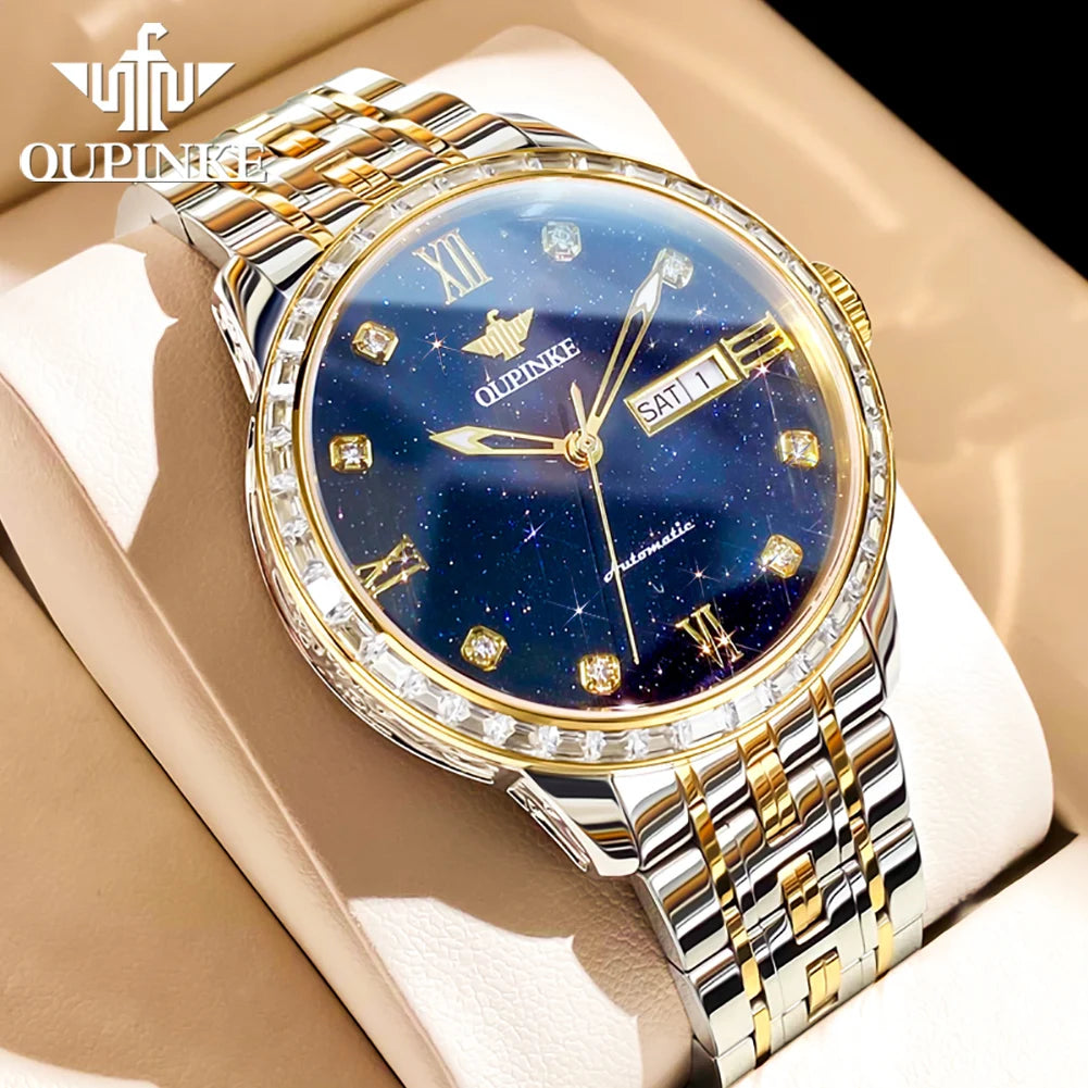 Oupinke Herren uhr Luxusmarke Diamant blau Sternen himmel automatische mechanische Uhr original wasserdichte leuchtende Herren uhr