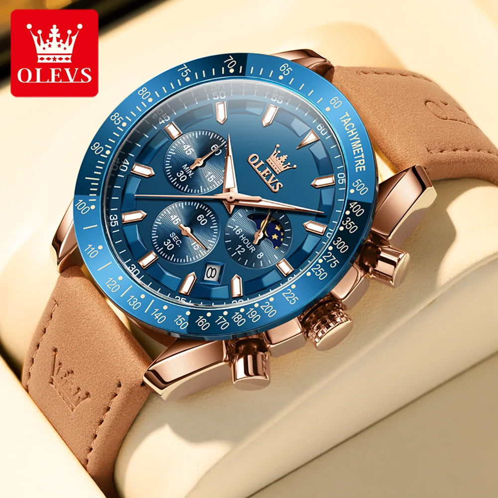 OLEVS herren Uhren Beliebte Mode Original Quarzuhr für Mann Chronograph Wasserdichte Leder Armbanduhr Luminous Mond Phase