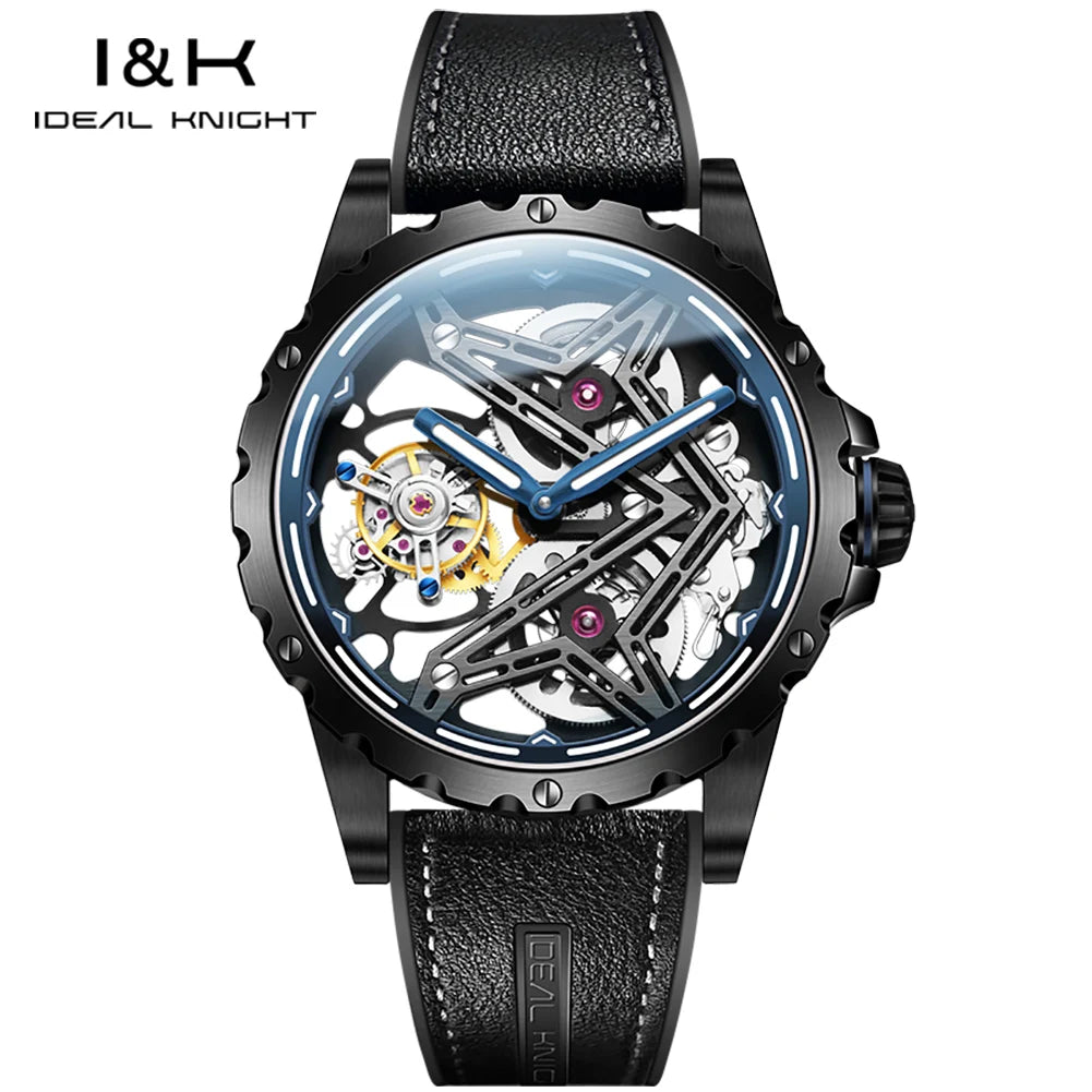 Ideal Knight Tourbillon Automatic Watch for Men Orange Blue Luminous Dial Fashion Black Steel Strap Hand Clock Great Wall Series