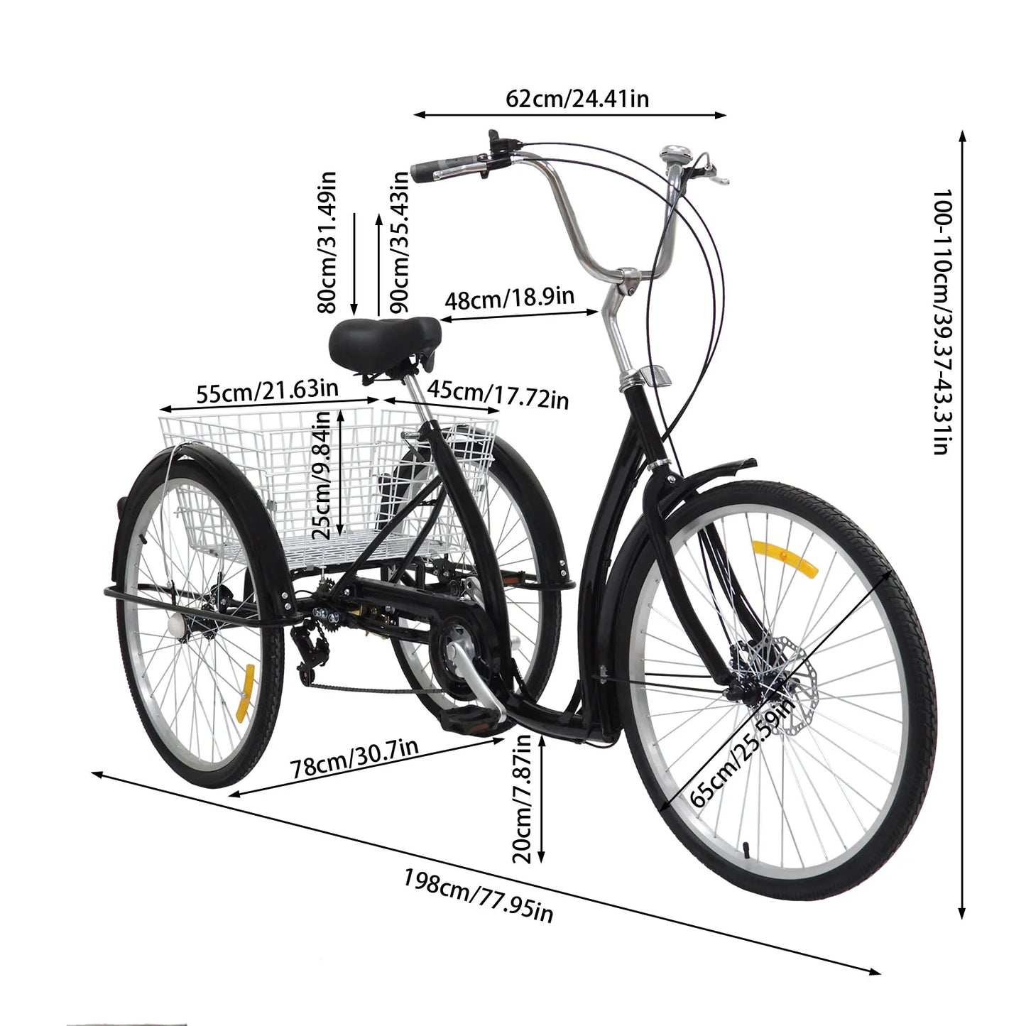 3-Rad-Fahrrad, 26-Zoll-Dreiräder für Erwachsene mit Korb, 6 Geschwindigkeiten für Unterhaltungsübungen beim Einkaufen