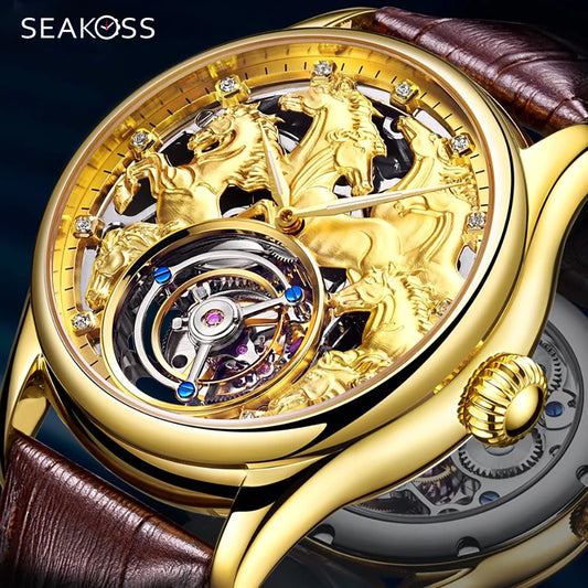 Gold Zodiac Horse Herren Voll skelett Luxus Tourbillon mechanische Uhr Saphir Herren Echt leder Uhren Relogio Masculino