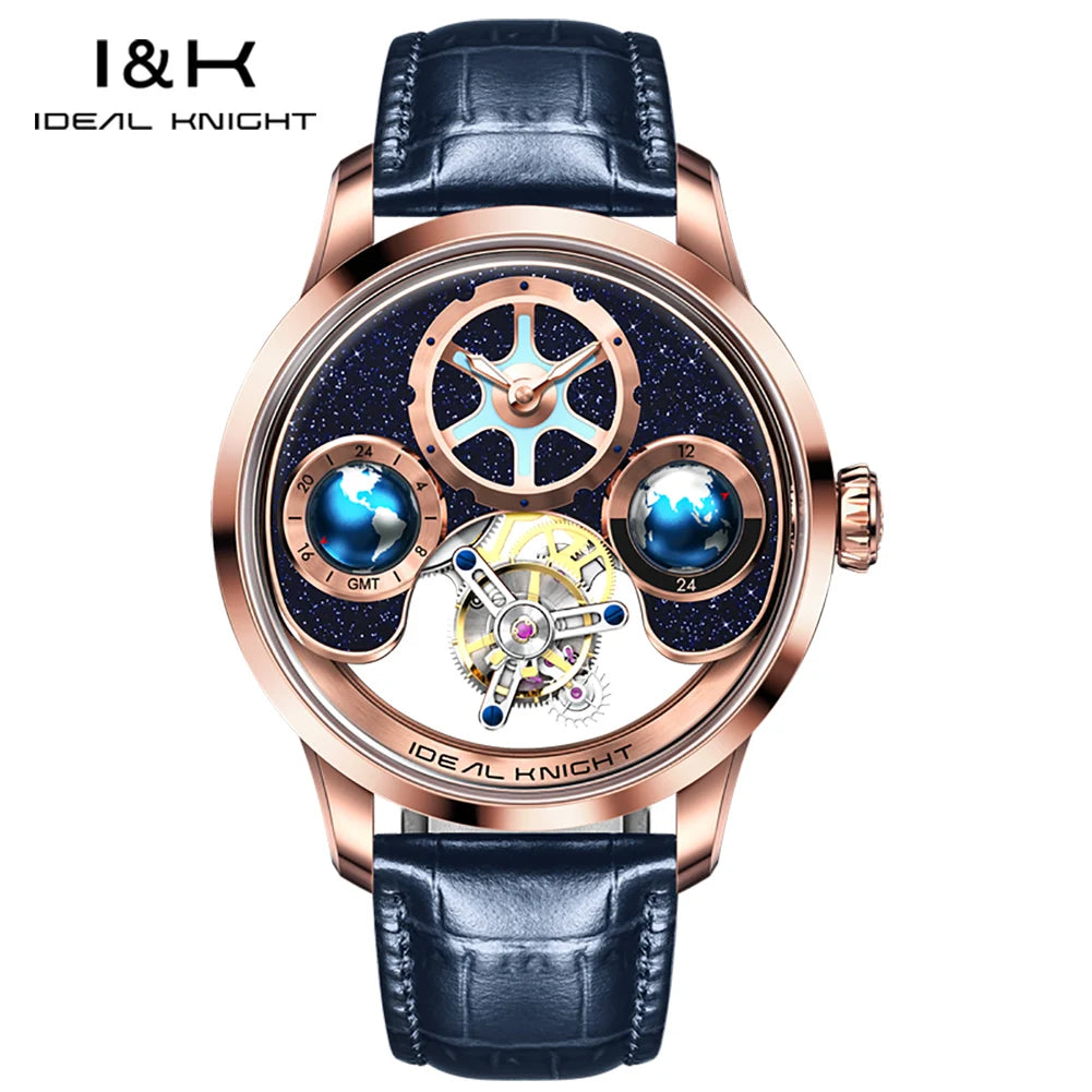 Ideale Ritter 6808 Tourbillon Uhren für Männer Blue Earth Serie High-End-Luxusmarke Skelett automatische mechanische Armbanduhren