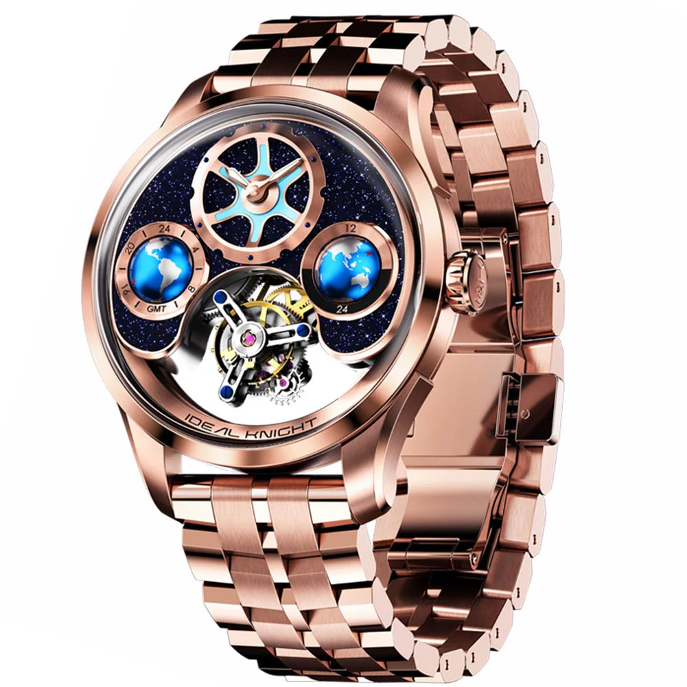 IDEAL KNIGHT Top-Marke Luxruy Herrenuhr Advanced Tourbillon Automatische mechanische Uhr Wasserdicht Leuchtende Dual-Region-Zeit