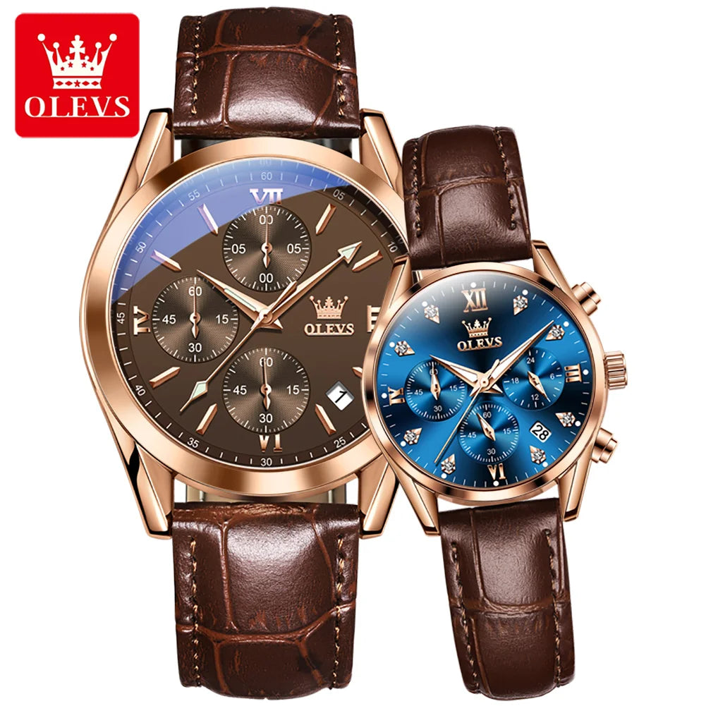 Olevs Paar Uhr für Männer Frauen wasserdichte Quarz Armbanduhr Männer Frauen Leder armband Chronograph Design Liebhaber Uhr Geschenke