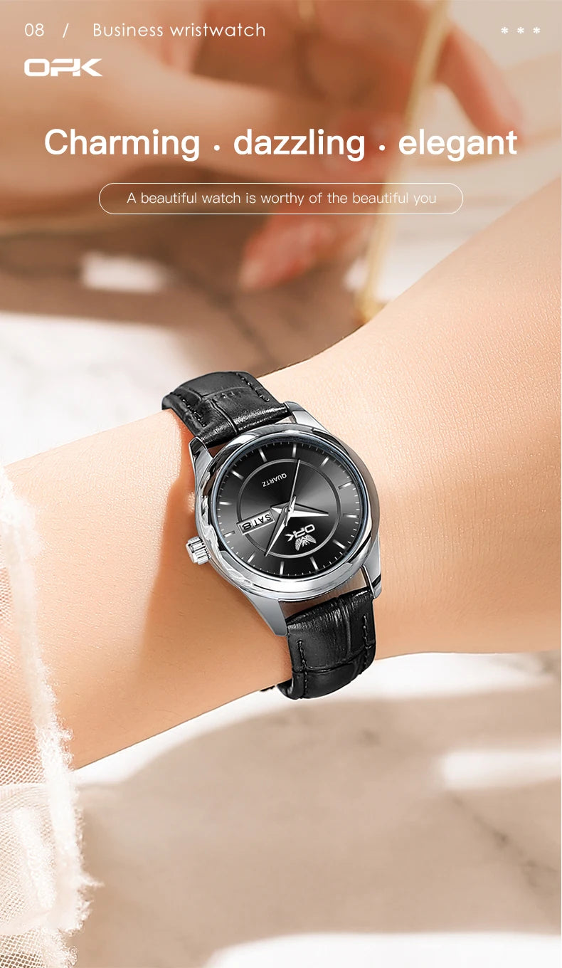 Opk Damen uhren elegante Mode kleine Quarz Armbanduhr wasserdichtes Leder armband Dual Kalender Display Damen uhr