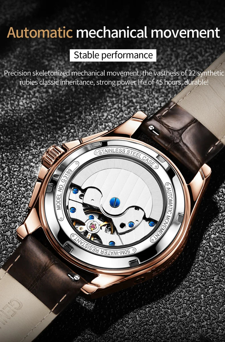 OUPINKE 3189 Herrenuhr Top Luxusmarke Automatische mechanische Uhr Mode Leder Wasserdicht Saphirspiegel Mond Herrenuhr