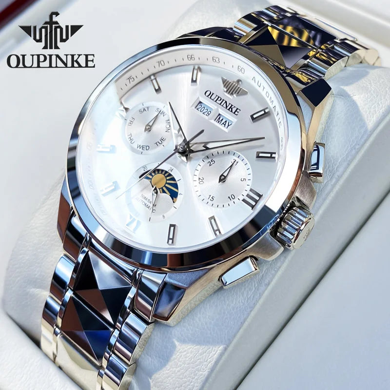 OUPINKE 3201 Men's Watch Top Luxury Brand Tungsten Steel Sapphire Mirror Waterproof Lunar Phase Men's Automatic Mechanical Watch