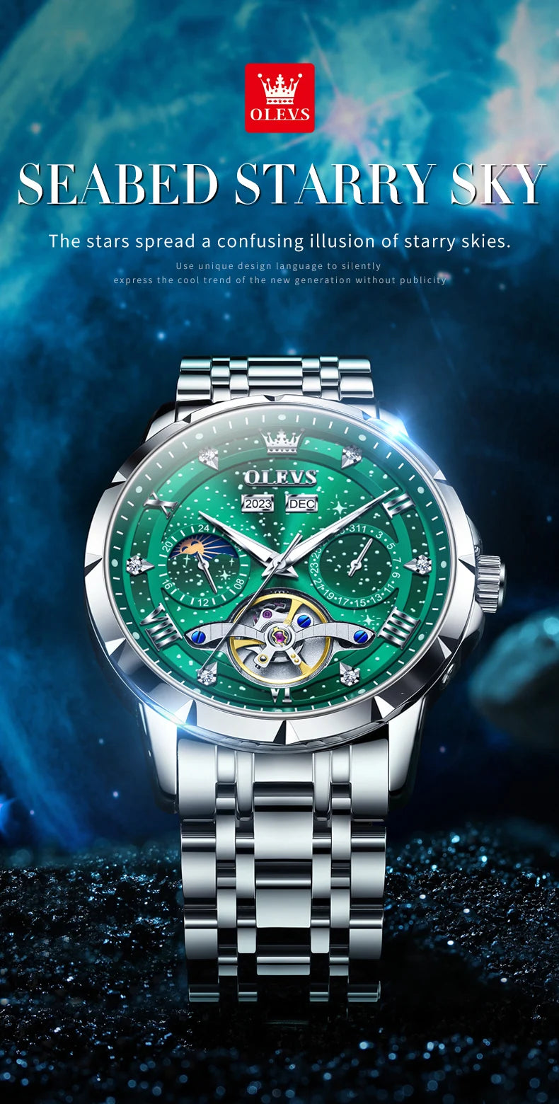 OLEVS Original Marke herren Uhren Mond Phase Starry DiskWasserdichte Multifunktionale Leuchtende Voll Automatische Mechanische Uhr ﻿