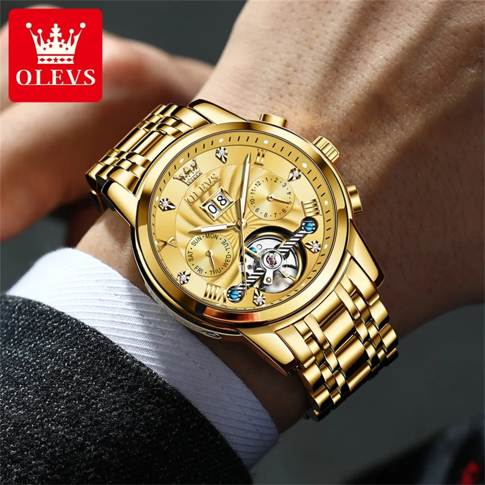 OLEVS Top Marke Männer Uhren Automatische Mechanische Uhr 50M Wasserdichte Edelstahl Skeleton Design Uhren Reloj de hombre