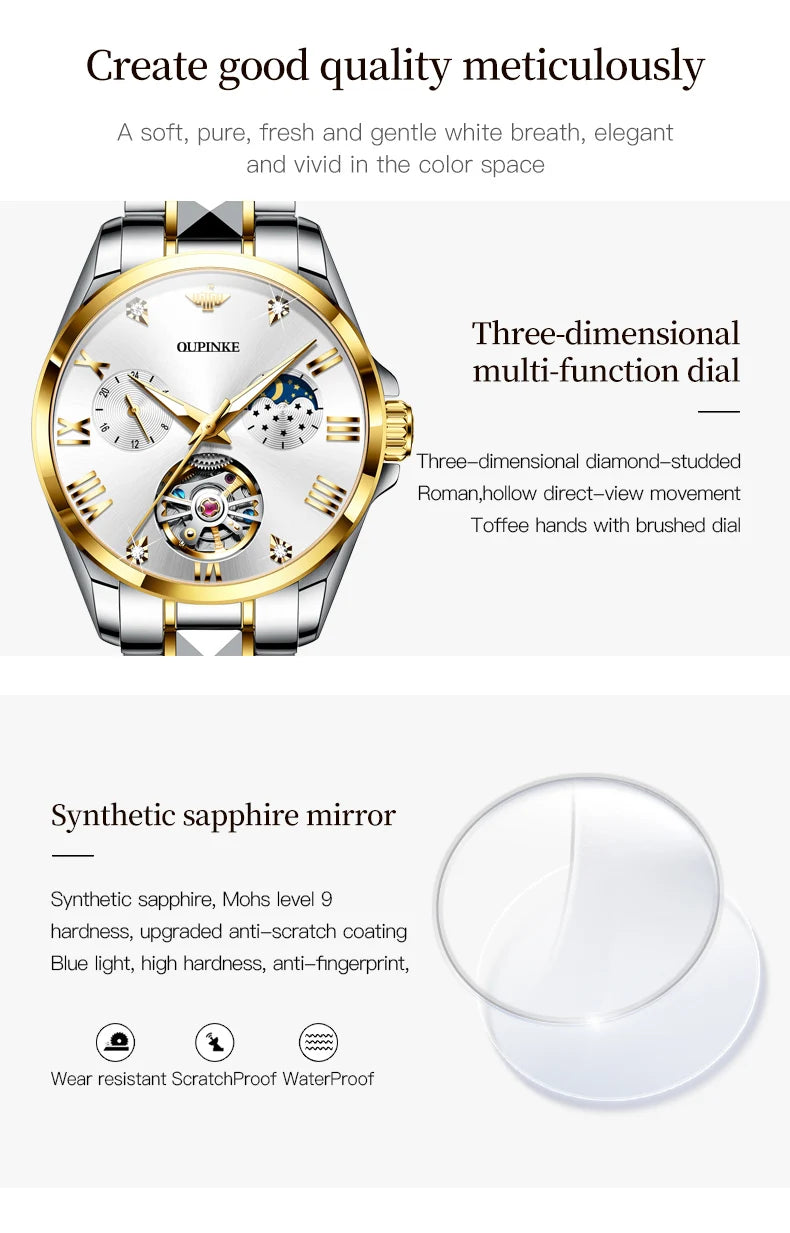 OUPINKE 3202 Hollow Women's Watch Swiss Luxury Brand Automatic Mechanical Watch Waterproof Moonphase Chronograph Women's Watch