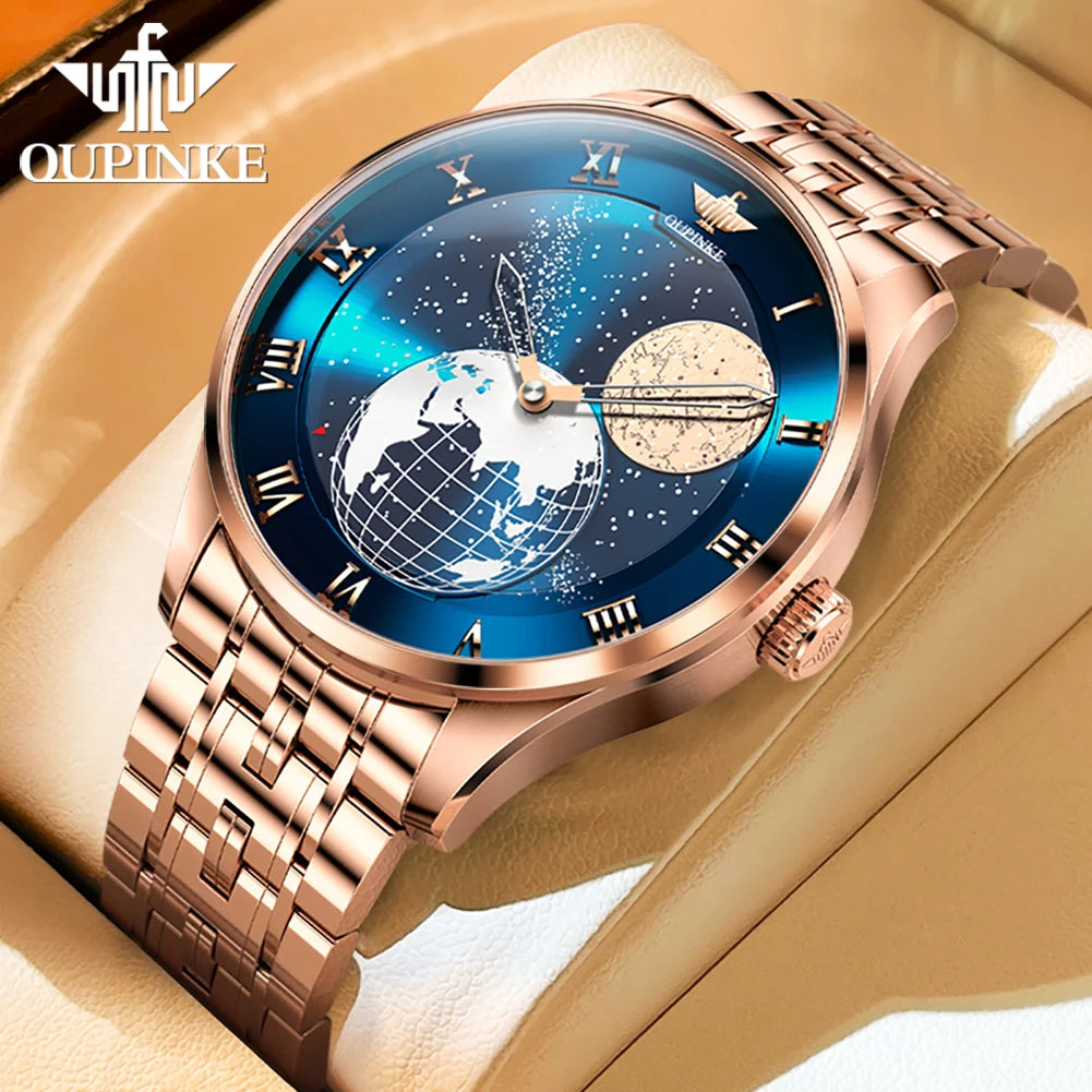 OUPINKE 3230 Men's Fully Automatic Mechanical Watch High Quality CITIZEN Movement Watch 3D Earth Starry Sky Business Men's Watch