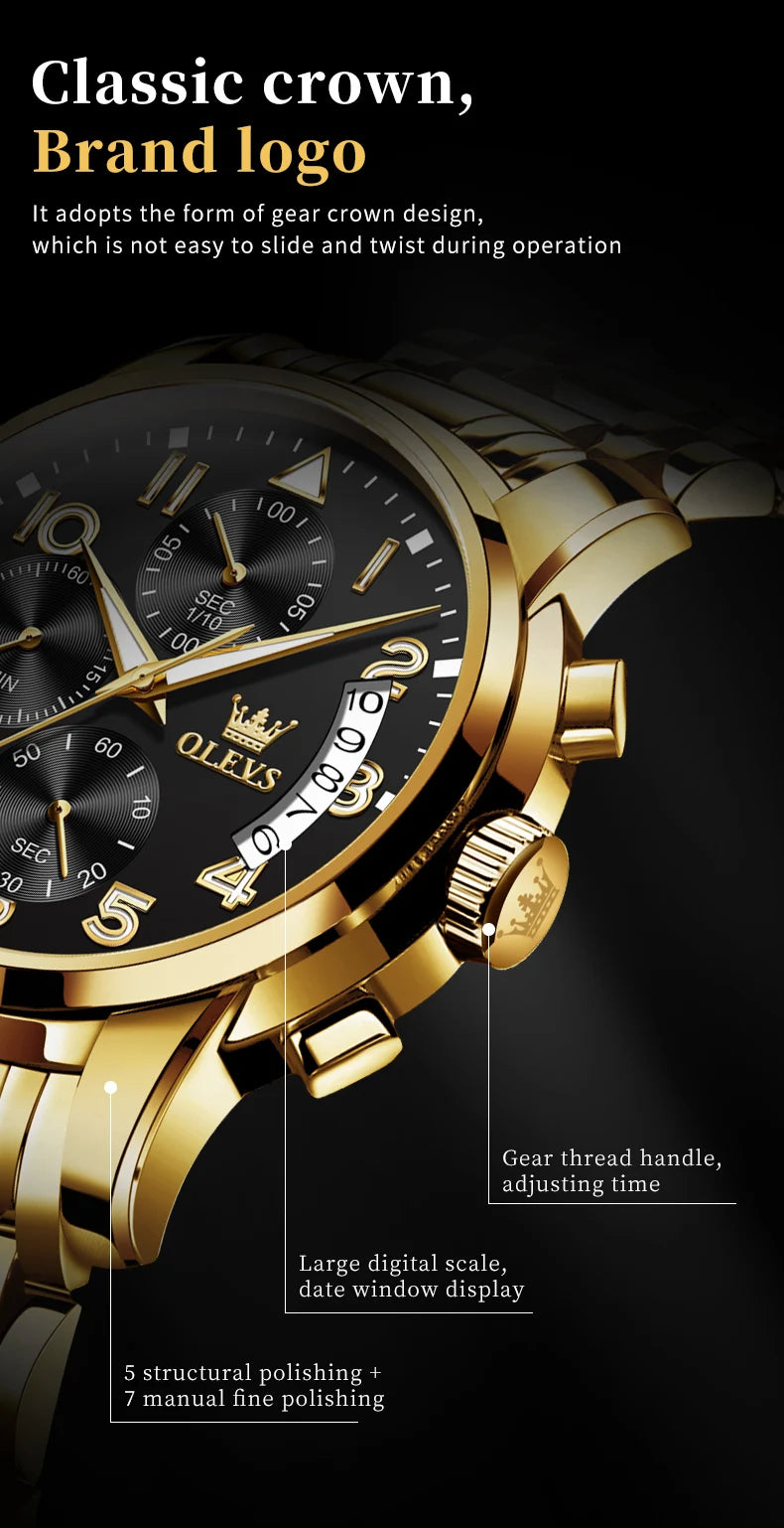 OLEVS Luxus männer Uhren Original Gold Chronograph Armbanduhr Wasserdichte Edelstahl Leucht Quarzuhr für Mann Sozialen