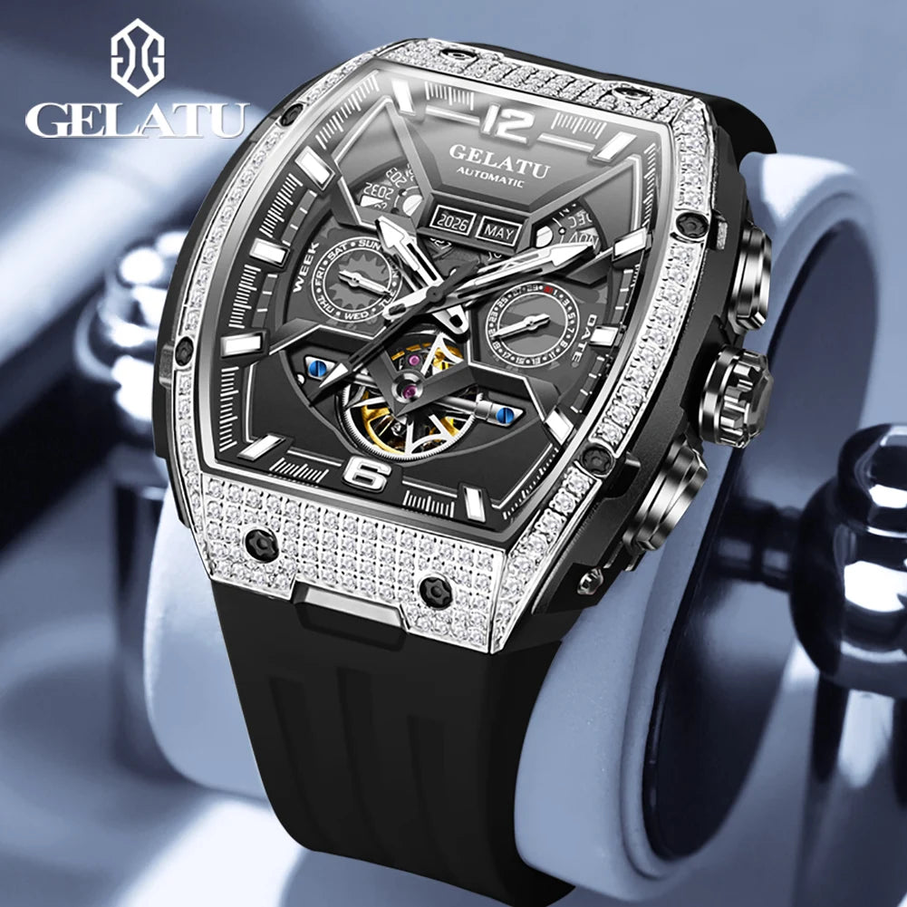 Gelatu 6016 Diamant hohl Luxus mechanische Herren uhr automatische Datum wasserdichte Silikon uhr Top Marke Uhr reloj hombre