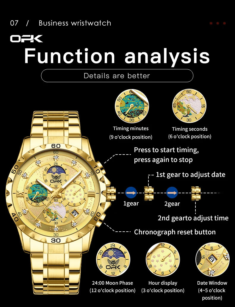 OPK 8175 Herrenuhr Original Quarzuhren für Herren, wasserdicht, leuchtend, Zirkon-Skala, Edelstahluhr mit Box