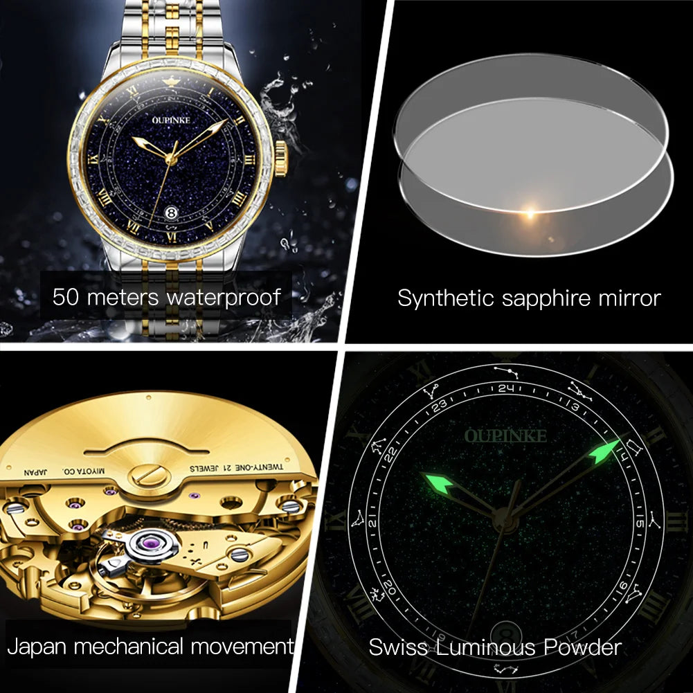 OUPINKE 3203 Fashion Brand Men's Automatic Mechanical Watch Luxury Waterproof Glowing Starry Sky Diamond Men Watch Montre Homme