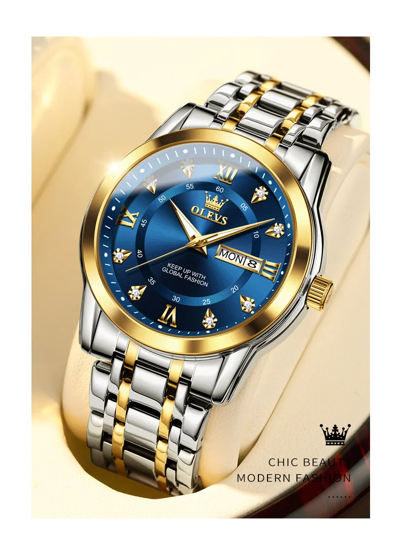 Olevs Herren uhren Mode Gold Original Quarzuhr für Mann Edelstahl wasserdicht leuchtende Armbanduhr Datum Woche römisch