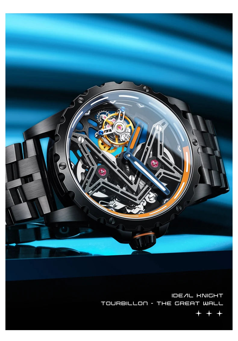 Ideal Knight Tourbillon Automatic Watch for Men Orange Blue Luminous Dial Fashion Black Steel Strap Hand Clock Great Wall Series