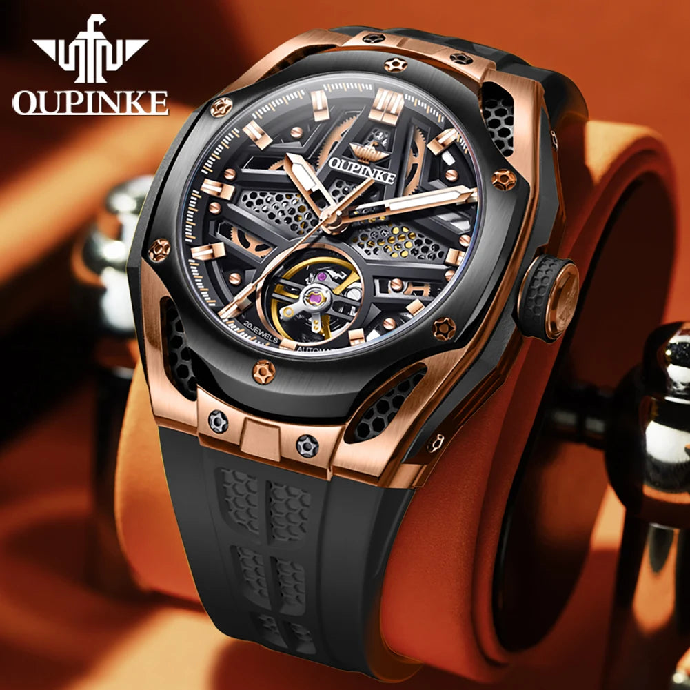 OUPINKE 9003 Voll Hohl Männer Automatische Mechanische Uhr Sport Silikon Armband Original Luxus Marke Skeleton Schwungrad Männer Uhr