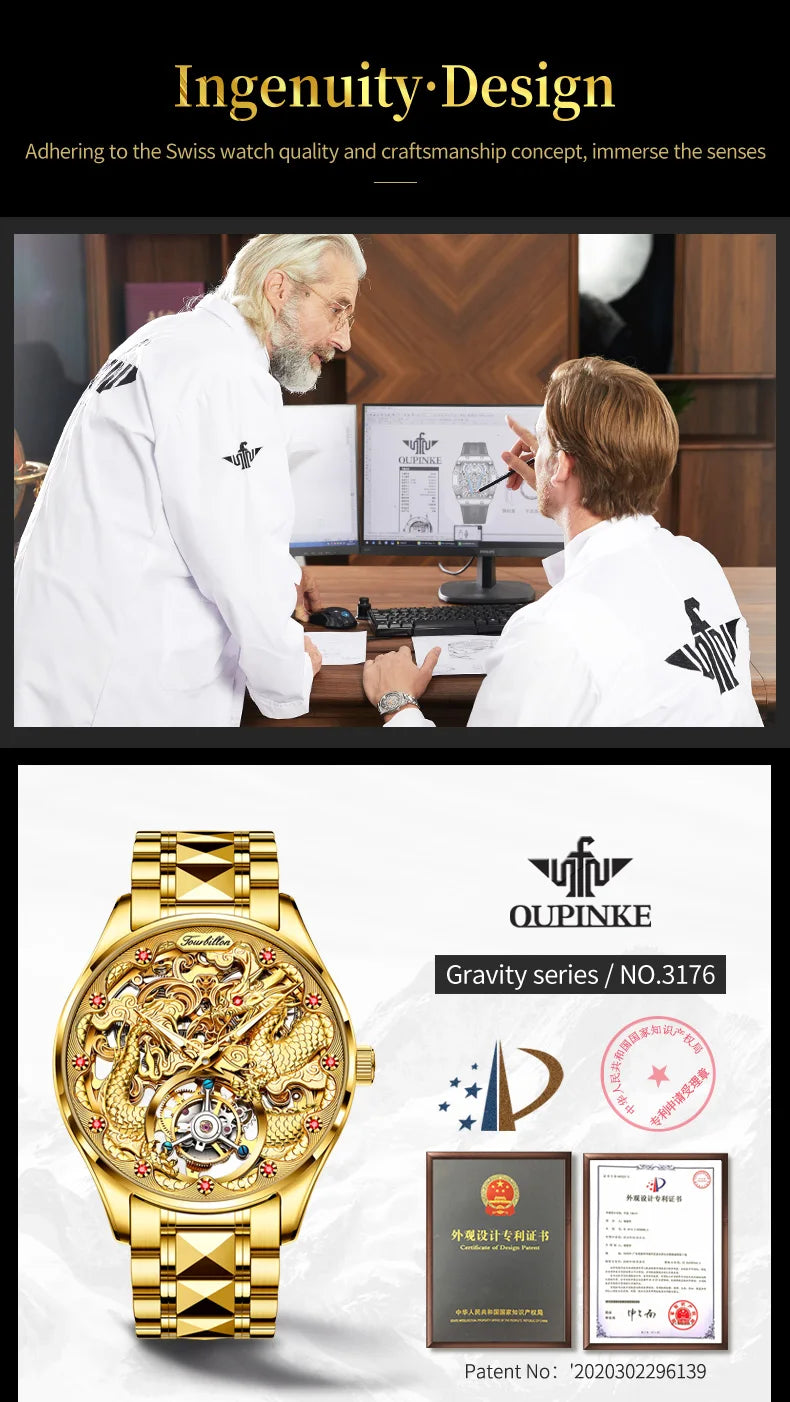 Oupinke High-End-Tourbillon Golden Dragon Herren uhr wasserdichte Wolfram Stahl Luxusmarke automatische mechanische Herren uhr