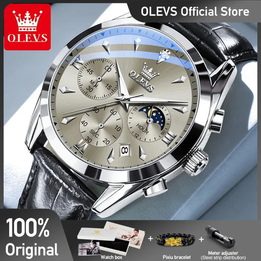 Olevs Herren uhren Casual Fashion Style Original Quarzuhr für Mann bequeme Leder armband wasserdichte leuchtende Mondphase