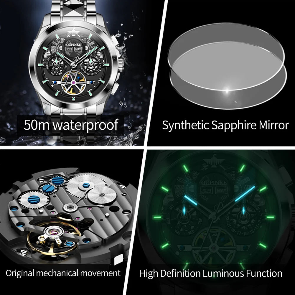 Oupinke 3233 neue automatische mechanische Uhr für Männer hohle 42mm große Zifferblatt Handuhr Wolfram Stahl armband Original Herren uhren